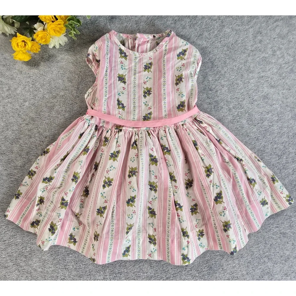 Vintage Handmade Dress Girls 2T Pink Floral Striped Tulle Lined Cotton 70s
